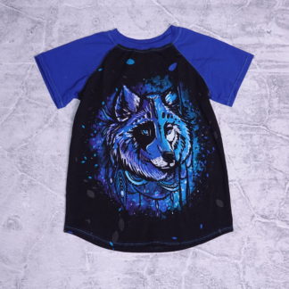 Blauwe wolf raglan maat 7/8 jaar (122/128)