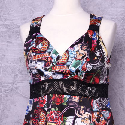 Tattoo print Boobielicious top size L (40 ) US 10 UK 12 brushed poly - Afbeelding 2