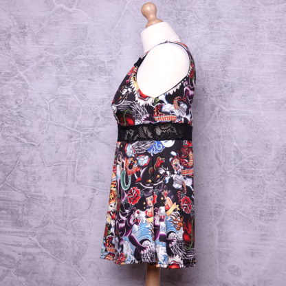 Tattoo print Boobielicious top size L (40 ) US 10 UK 12 brushed poly - Afbeelding 4