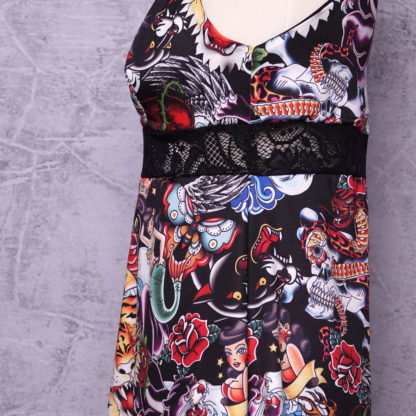 Tattoo print Boobielicious top size L (40 ) US 10 UK 12 brushed poly - Afbeelding 3